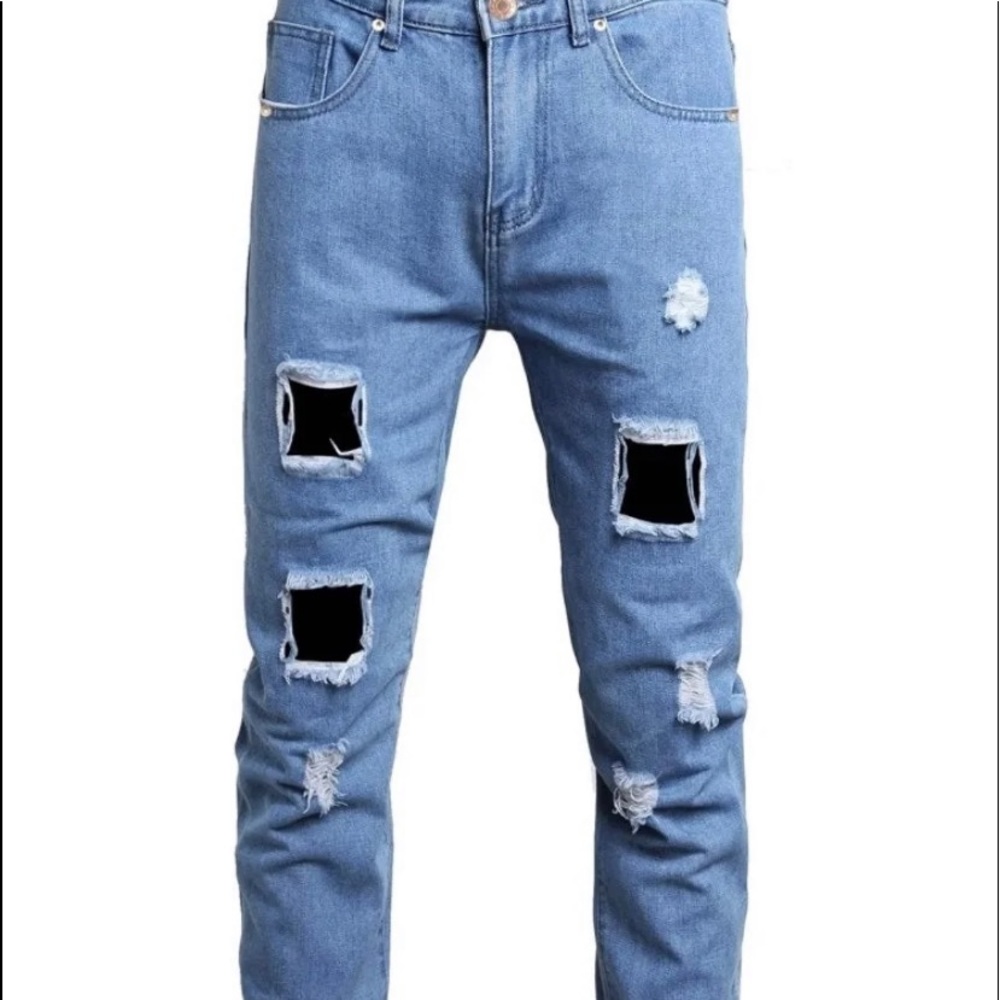 Men Slim Denim Ripped Jeans Light Blue